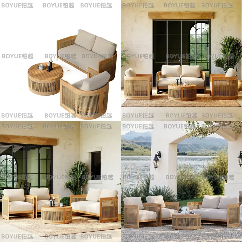 Rattan Lounge Set - 야외 티크 목재 소파 세트 방수